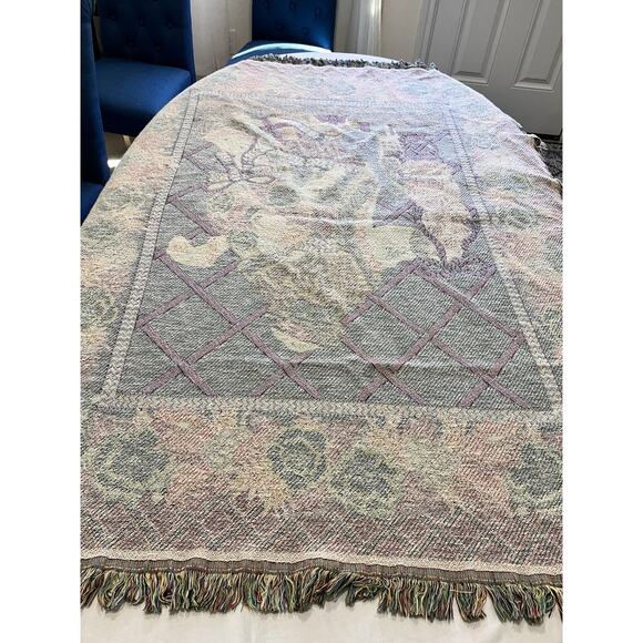 VTG Fitz And Floyd Santa Throw Woven Cotton Fringed Reverse Weave 67” x 52” - Picture 14 of 16